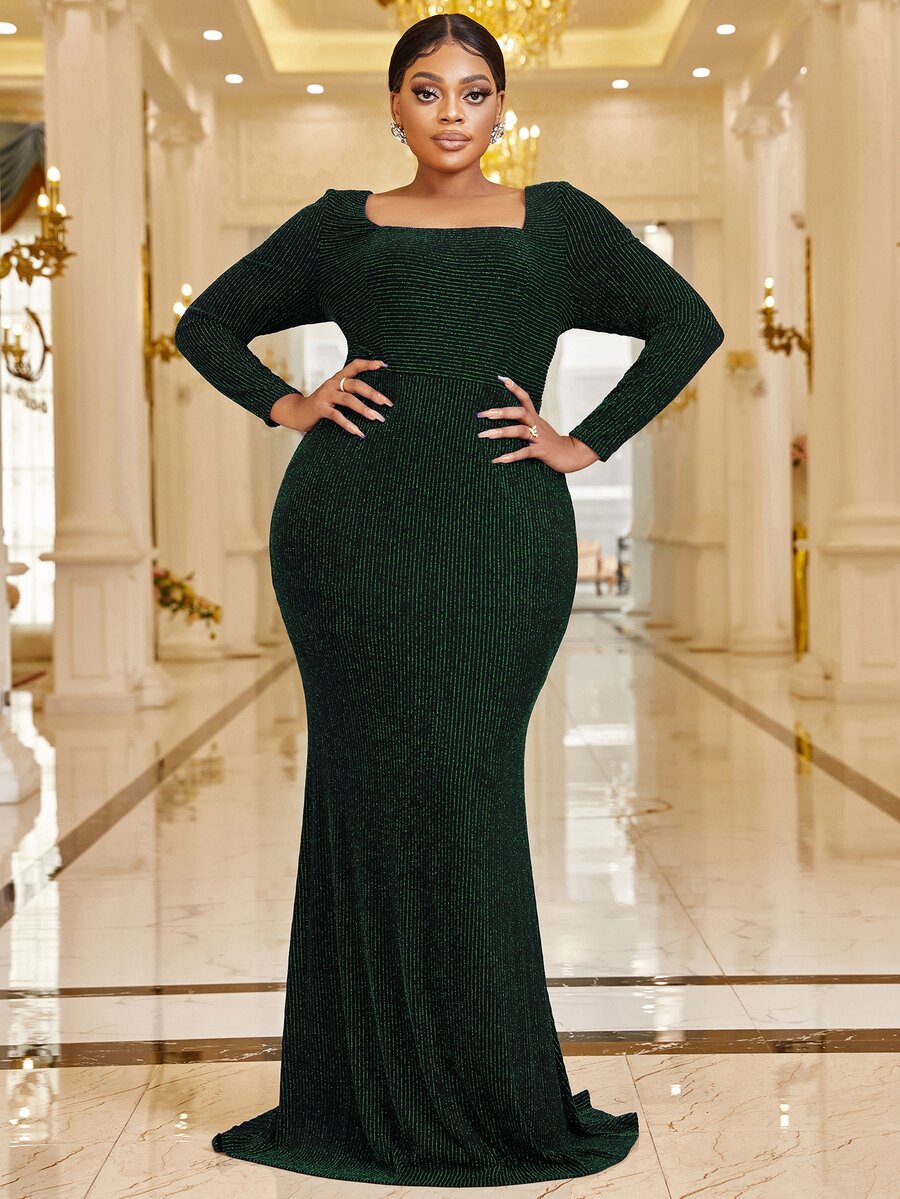 YISIKADO 大碼方領魚尾裙下擺金屬亮絲舞會連衣裙 - 墨綠色 - 查看 1