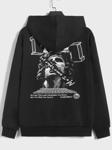 ROMWE MEN 男士標語和人物圖案抽繩連帽衫 - 黑色 - 查看 1