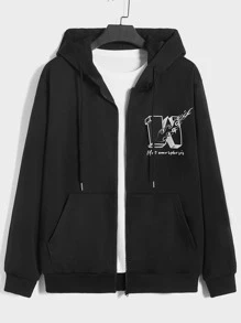 ROMWE MEN 男士標語和人物圖案抽繩連帽衫 - 黑色 - 查看 2