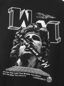 ROMWE MEN 男士標語和人物圖案抽繩連帽衫 - 黑色 - 查看 4