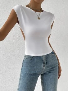 SHEIN ICON Solid Dolman Sleeve Backless Tee - White - View 3