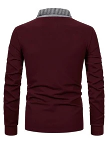 Men Striped Print Polo Shirt - Burgundy - View 2