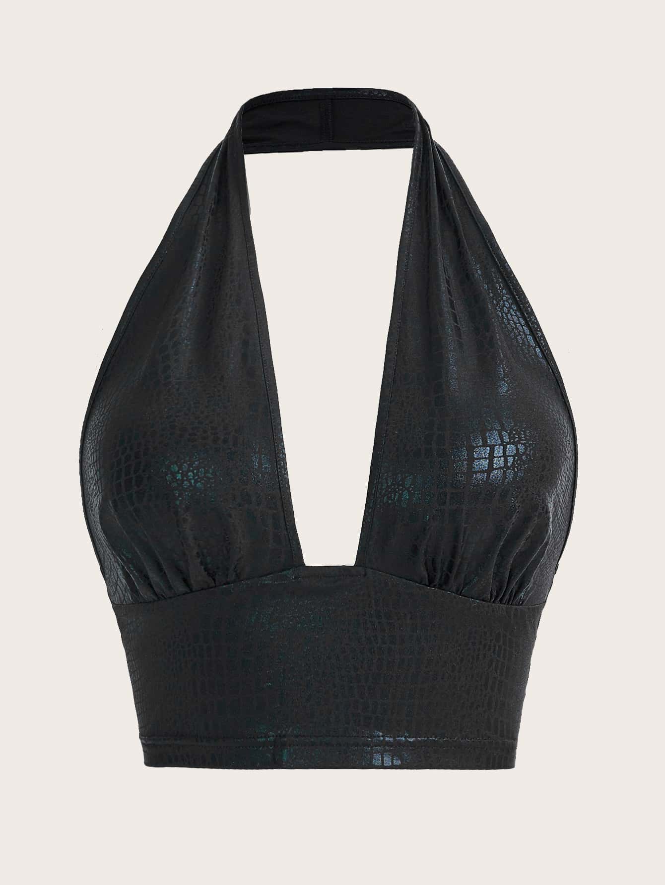SHEIN ICON Crocodile Embossed Backless PU Halter Top