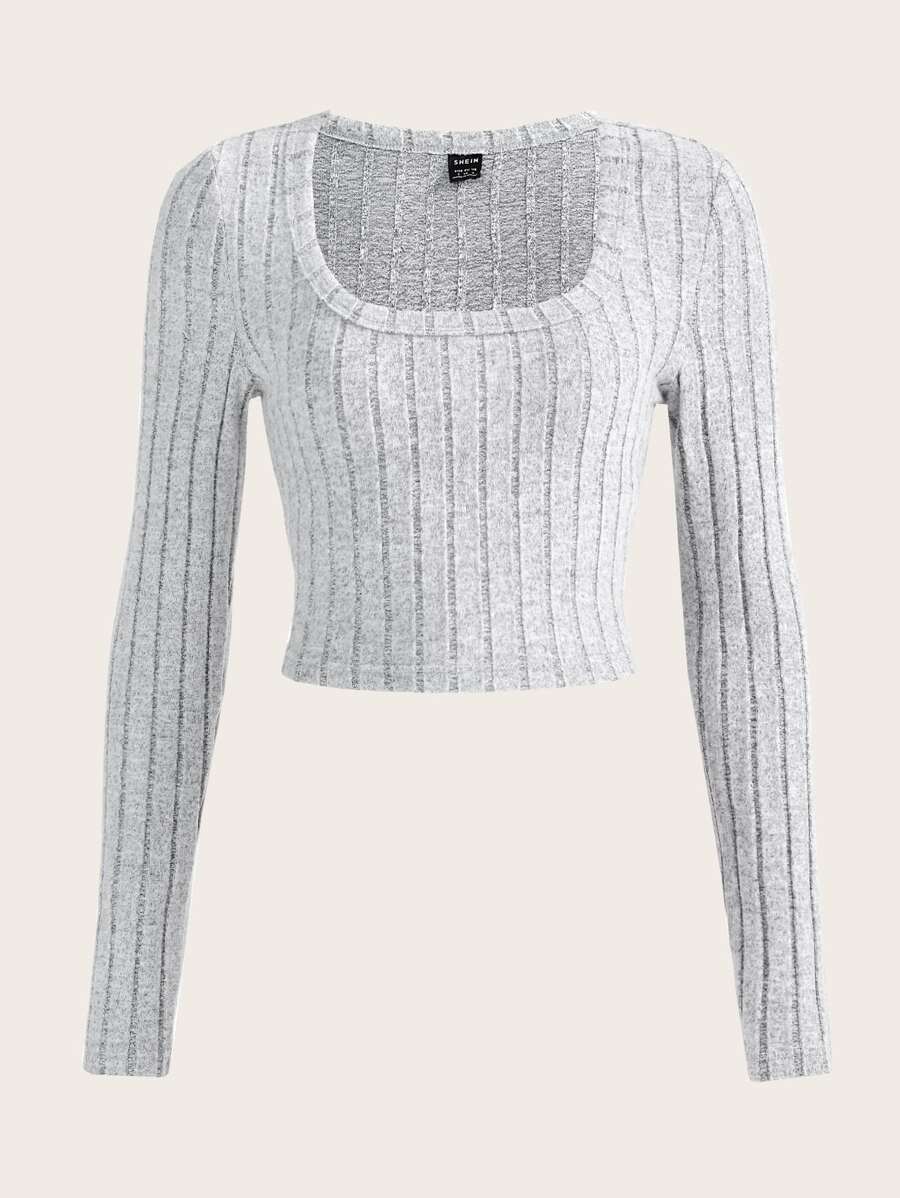 SHEIN EZwear 纯色圆领罗纹针织休闲短款灰色T恤 - 淺灰色 - 查看 1