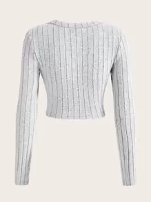 SHEIN EZwear 纯色圆领罗纹针织休闲短款灰色T恤 - 淺灰色 - 查看 2