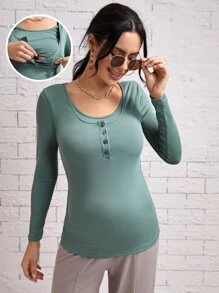 SHEIN Maternity Scoop Neck Half Button Nursing Tee
