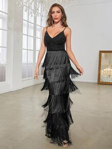 YISIKADO Lace Up Backless Fringe Trim Split Thigh Dress - Black - View 6