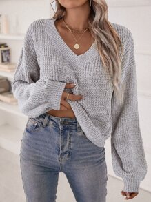 Chiquease V Neck Drop Shoulder Jumper - Light Grey - View 1
