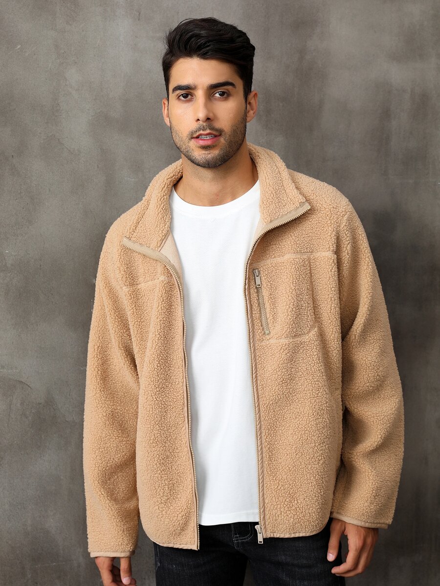 Men Zip Up Teddy Coat - Camel - View 1