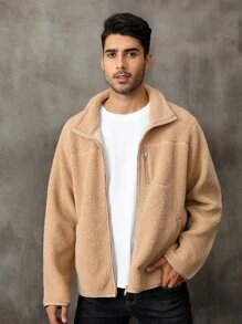 Men Zip Up Teddy Coat - Camel - View 5