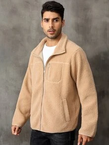Men Zip Up Teddy Coat - Camel - View 6