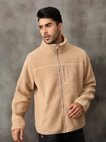 Men Zip Up Teddy Coat - Camel - View 7
