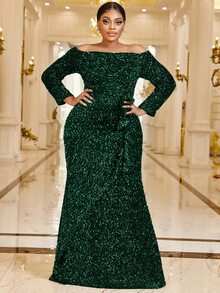 YISIKADO Vestido de vestir de hombros descubiertos ribete con fruncido con lentejuelas - Verde Oscuro - Ver 5