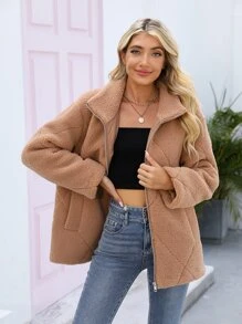 RELISH NOLESS 拉鏈開襟絨毛外套 - 杏色 - 查看 1