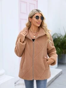 RELISH NOLESS 拉鏈開襟絨毛外套 - 杏色 - 查看 5