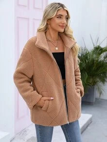 RELISH NOLESS 拉鏈開襟絨毛外套 - 杏色 - 查看 6