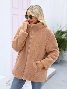 RELISH NOLESS 拉鏈開襟絨毛外套 - 杏色 - 查看 8