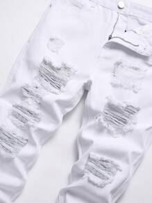 男士破洞修身直筒牛仔裤 - 白色 - 查看 4