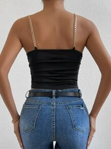Zolique Top de tirantes con diseño de cadena escote drapeado fruncido - Negro - Ver 2