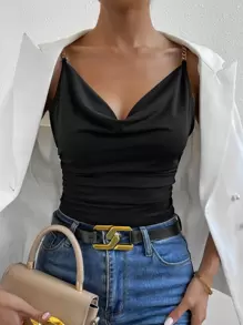 Zolique Top de tirantes con diseño de cadena escote drapeado fruncido - Negro - Ver 3