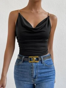 Zolique Top de tirantes con diseño de cadena escote drapeado fruncido - Negro - Ver 4