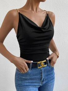 Zolique Top de tirantes con diseño de cadena escote drapeado fruncido - Negro - Ver 5
