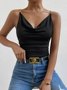 Zolique Top de tirantes con diseño de cadena escote drapeado fruncido - Negro - Ver 6