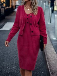 SHEIN LUNE Drop Shoulder Cardigan & Jumper Dress - Rose Red - View 2