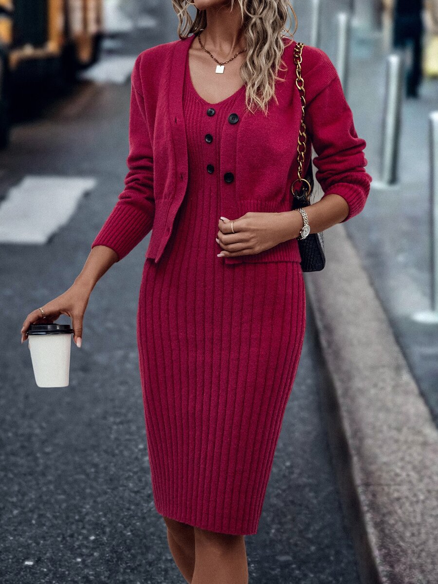 SHEIN LUNE Drop Shoulder Cardigan & Jumper Dress - Rose Red - View 1