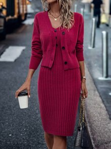 SHEIN LUNE Drop Shoulder Cardigan & Jumper Dress - Rose Red - View 4