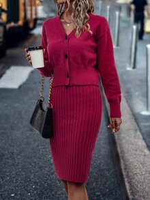 SHEIN LUNE Drop Shoulder Cardigan & Jumper Dress - Rose Red - View 5