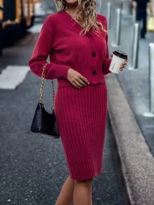 SHEIN LUNE Drop Shoulder Cardigan & Jumper Dress - Rose Red - View 6