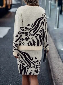 SHEIN LUNE Graphic Pattern Drop Shoulder Jumper & Knit Skirt - Apricot - View 2