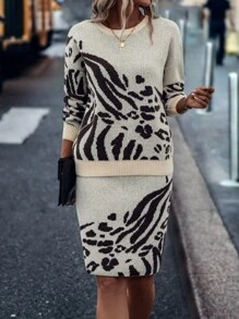 SHEIN LUNE Graphic Pattern Drop Shoulder Jumper & Knit Skirt - Apricot - View 6