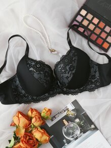 Plus Contrast Lace Underwire Bra Lingerie - Black - View 1