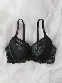 Plus Contrast Lace Underwire Bra Lingerie - Black - View 5
