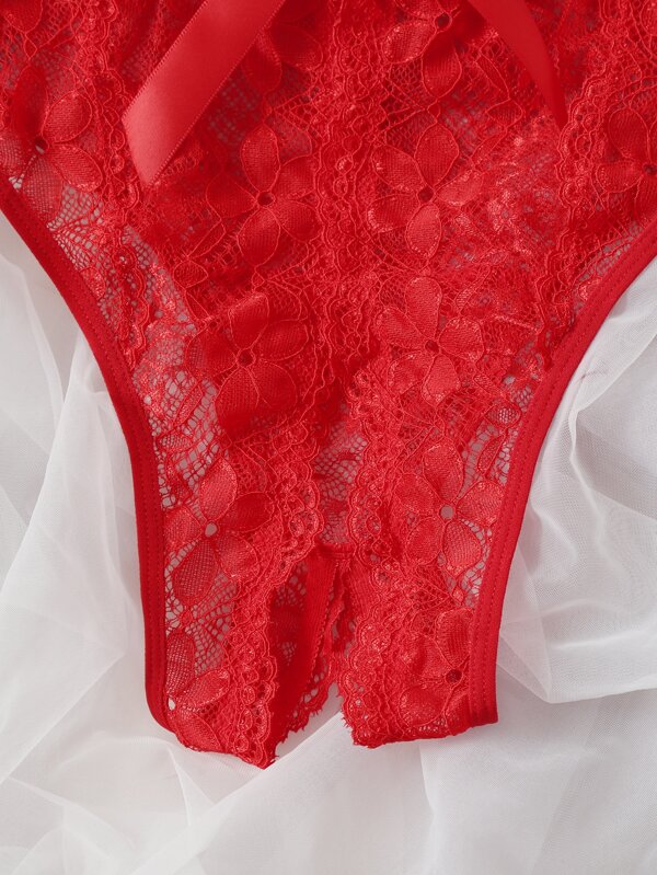Classic Sexy Plus Floral Lace Bow Decor Crotchless Panty | SHEIN UK