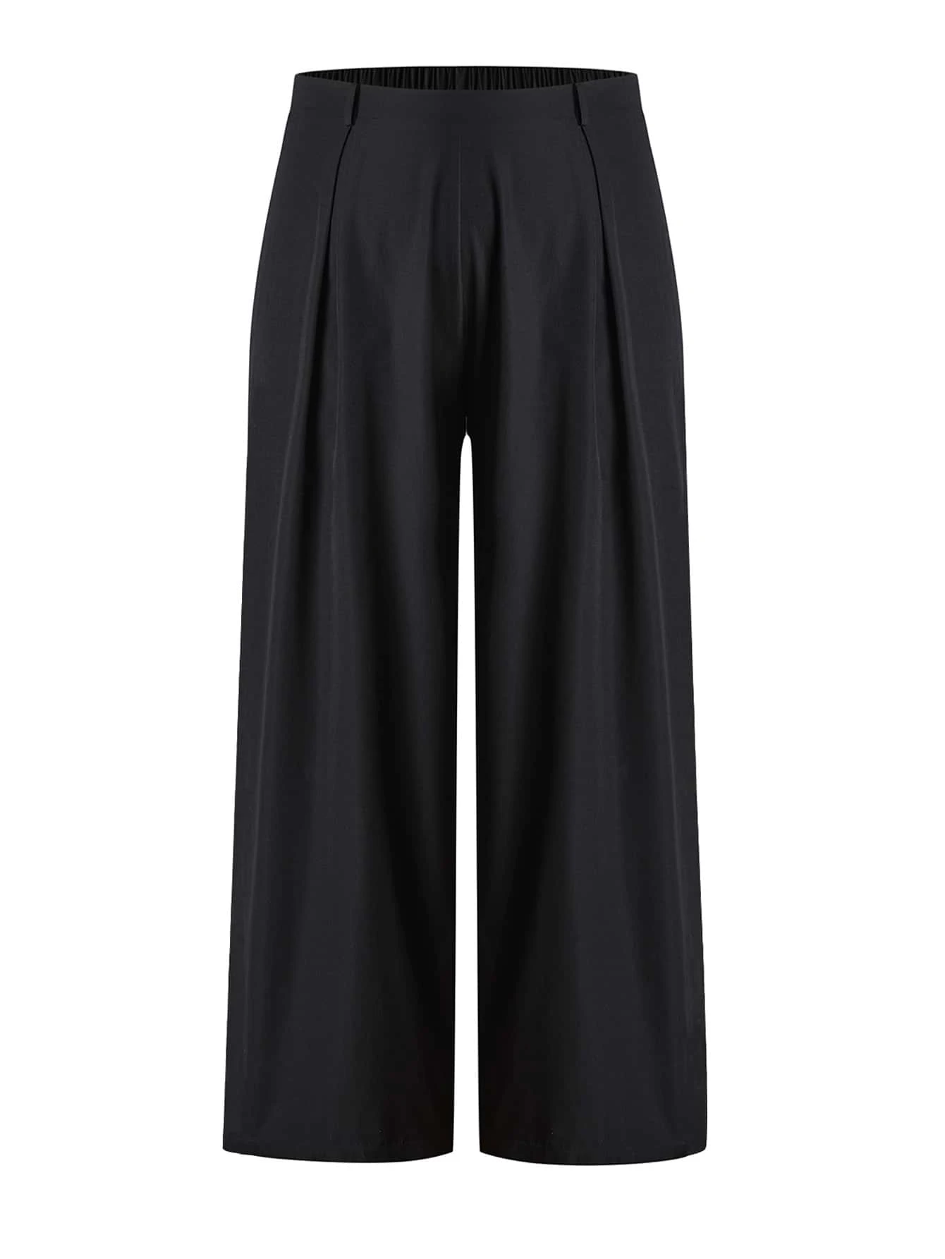 Plus Solid Wide Leg Trousers - Black - View 1