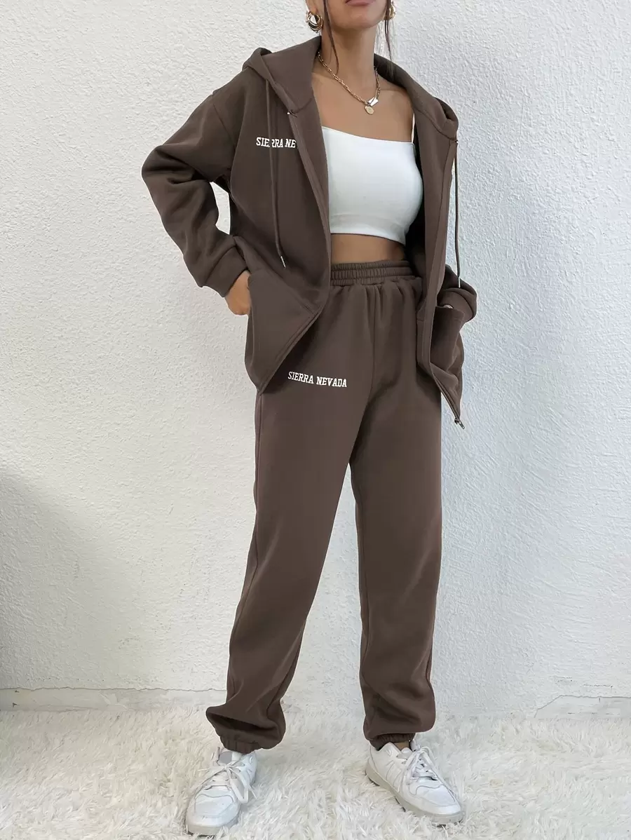 Flirla Áo hoodie và quần nỉ có dây rút và họa tiết chữ thả vai - Cà phê nâu - Xem 1