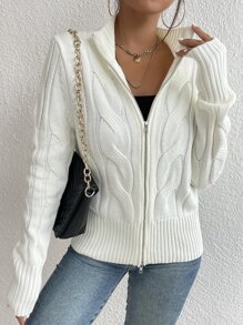 SHEIN Essnce Cable Knit Zip Up Cardigan - White - View 1