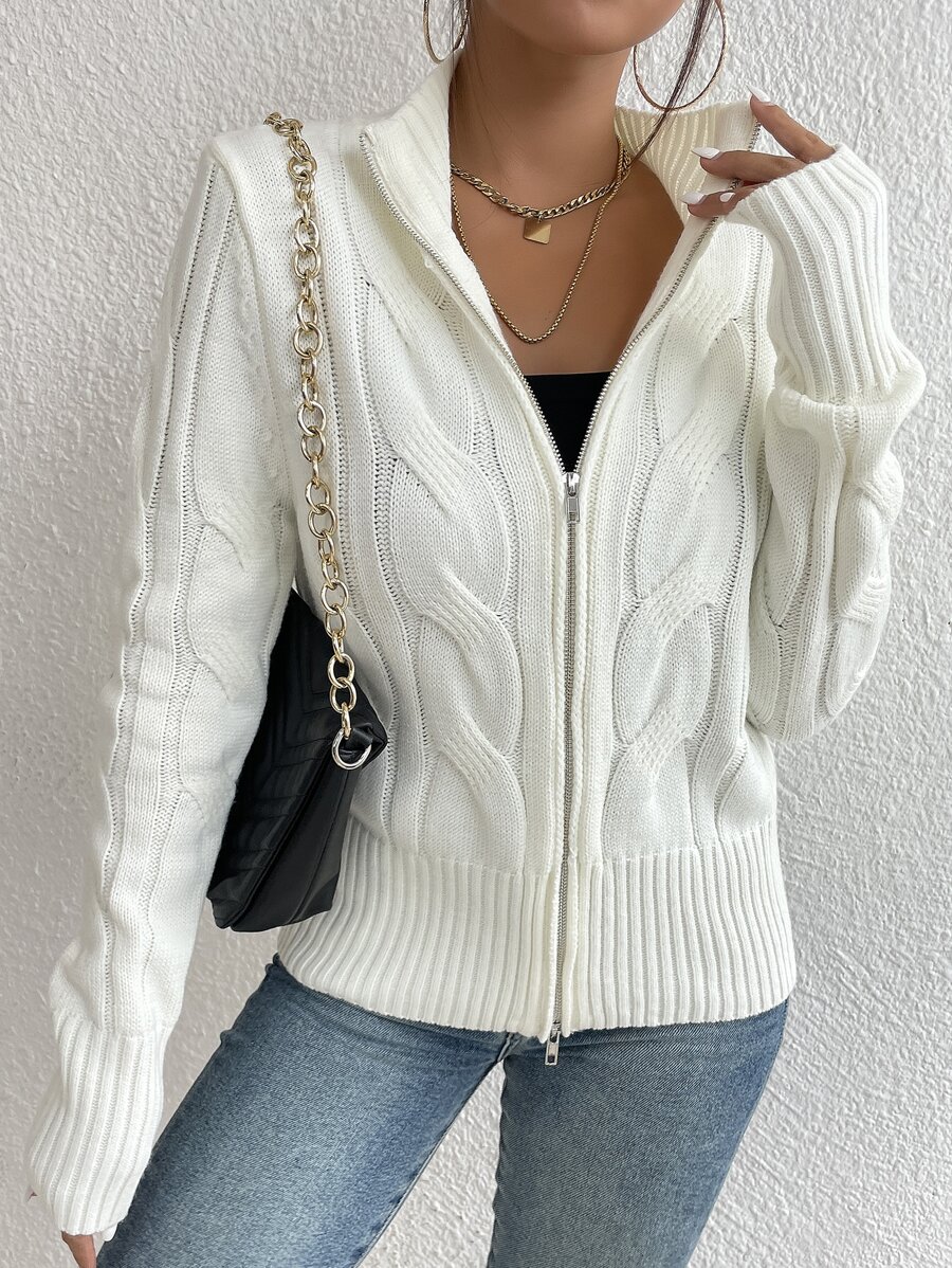 SHEIN Essnce Cable Knit Zip Up Cardigan - White - View 1