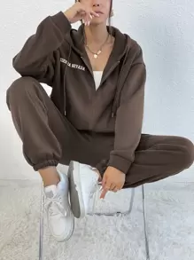 Flirla Áo hoodie và quần nỉ có dây rút và họa tiết chữ thả vai - Cà phê nâu - Xem 3