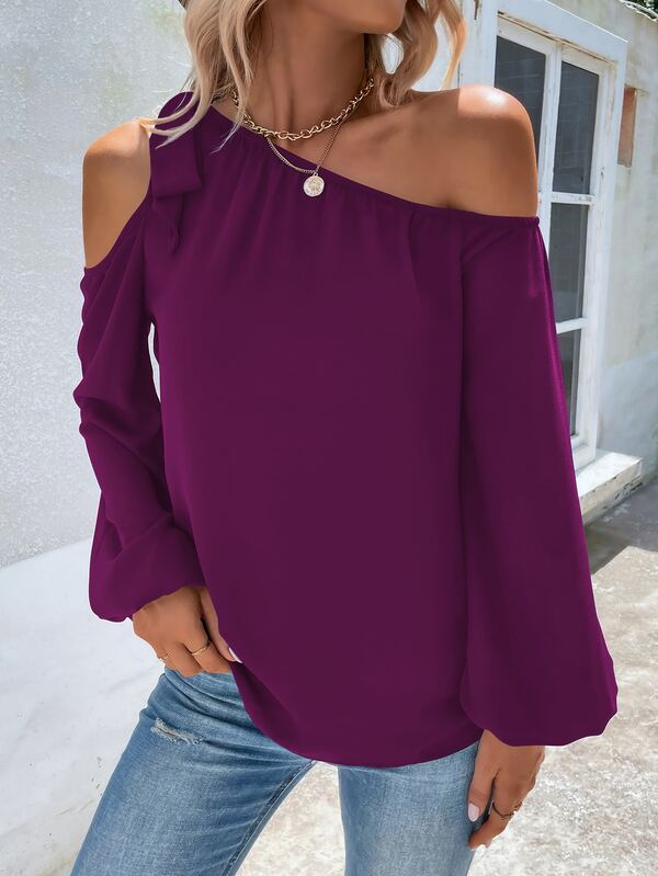 Asymmetrical Neck Cut Out Knot Shoulder Sleeve Blouse SHEIN USA