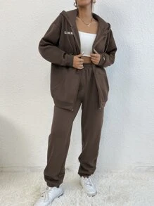 Flirla Áo hoodie và quần nỉ có dây rút và họa tiết chữ thả vai - Cà phê nâu - Xem 5