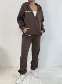 Flirla Áo hoodie và quần nỉ có dây rút và họa tiết chữ thả vai - Cà phê nâu - Xem 6