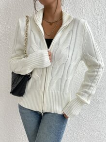 SHEIN Essnce Cable Knit Zip Up Cardigan - White - View 5