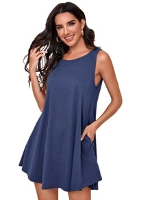 SHEIN LUNE Vestido con bolsillo lateral - Azul Marino - Ver 1