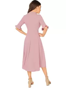 SHEIN Clasi Vestido sólido tejido de manga campanuda de canalé con cuello alto - Rosa Pálido - Ver 2