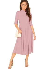 SHEIN Clasi Vestido sólido tejido de manga campanuda de canalé con cuello alto - Rosa Pálido - Ver 3