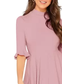SHEIN Clasi Vestido sólido tejido de manga campanuda de canalé con cuello alto - Rosa Pálido - Ver 5